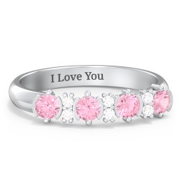 4 Stone Semi-Bezel Ring with Accents in 925 Sterling Silver with Pink Tourmaline and White Premium Zirconia