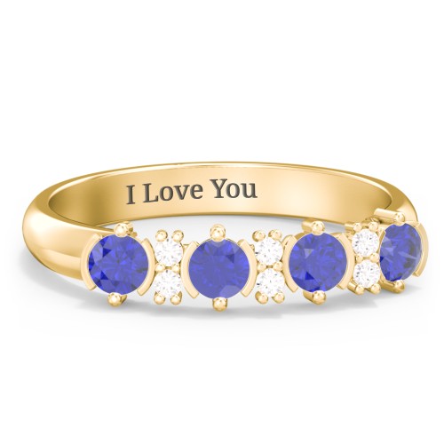 4 Stone Semi-Bezel Ring with Accents – 9kt Yellow Gold with Blue Sapphire and White Premium Zirconia
