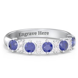 5 Stone Semi-Bezel Ring with Accents in 925 Sterling Silver with Blue Sapphire and White Premium Zirconia