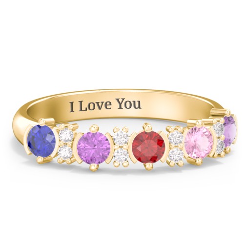 5 Stone Semi-Bezel Ring with Accents – 9kt Yellow Gold with Blue Sapphire, Amethyst, Garnet, Pink Tourmaline, and White Premium Zirconia