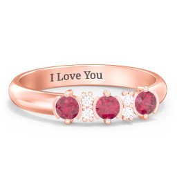 3 Stone Semi-Bezel Ring with Accents in 9K Solid Rose Gold with Ruby and White Premium Zirconia
