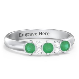 3 Stone Semi-Bezel Ring with Accents in 925 Sterling Silver with Emerald and White Premium Zirconia