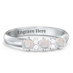 3 Stone Semi-Bezel Ring with Accents in 925 Sterling Silver with Opal and White Premium Zirconia