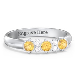 3 Stone Semi-Bezel Ring with Accents in 925 Sterling Silver with Citrine and White Premium Zirconia