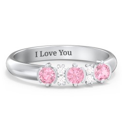 3 Stone Semi-Bezel Ring with Accents in 925 Sterling Silver with Pink Tourmaline and White Premium Zirconia
