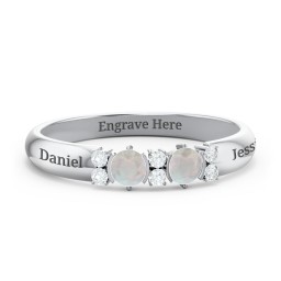 Twin Circular Half Bezel Twin Accent Ring in 925 Sterling Silver with Opal and White Premium Zirconia
