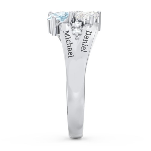 Heart Cluster Ring with Accents – Sterling Silver with Diamond, Aquamarine, and Cubic Zirconia