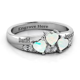Tripartite Heart Gemstone Ring with Accents in 925 Sterling Silver with Opal