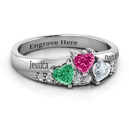 Tripartite Heart Gemstone Ring with Accents in 925 Sterling Silver with Emerald, Ruby, and Cubic Zirconia
