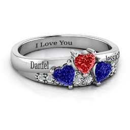 Tripartite Heart Gemstone Ring with Accents in 925 Sterling Silver with Blue Sapphire and Garnet
