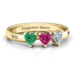 Triple Heart Stone Ring in 9K Solid Yellow Gold with Emerald, Ruby, and Cubic Zirconia
