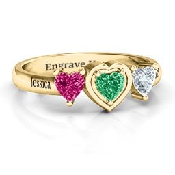 Heart Stone with Twin Heart Accents Ring in 9K Solid Yellow Gold with Emerald, Ruby, and Cubic Zirconia