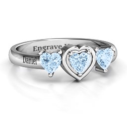 Heart Stone with Twin Heart Accents Ring in 925 Sterling Silver with Aquamarine
