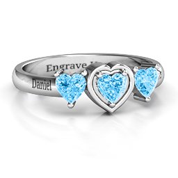 Heart Stone with Twin Heart Accents Ring in 925 Sterling Silver with Blue Topaz