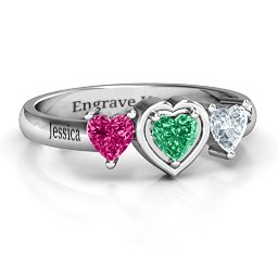 Heart Stone with Twin Heart Accents Ring in 925 Sterling Silver with Emerald, Ruby, and Cubic Zirconia