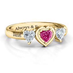 Heart Stone with Twin Heart Accents Ring in 9K Solid Yellow Gold with Ruby and Cubic Zirconia