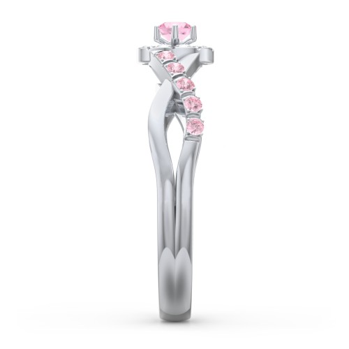Braided Floral Cluster Ring with Shoulder Accents – Sterling Silver with Pink Tourmaline, White Premium Zirconia, and Fancy Pink Premium Zirconia
