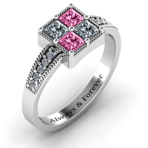 Vintage Princess Cut Ring with Shoulder Accents – Sterling Silver with Cubic Zirconia and Pink Tourmaline