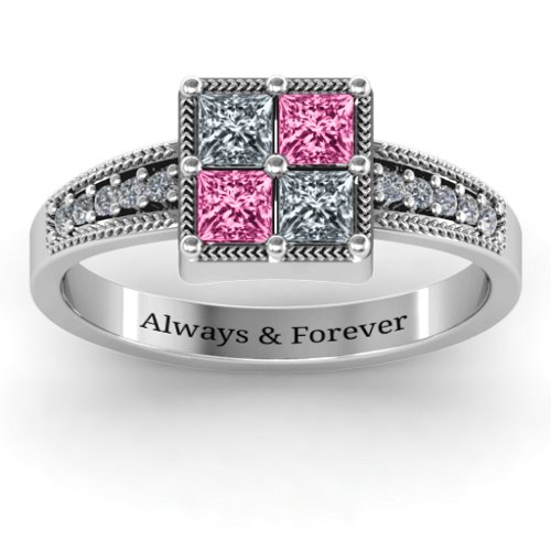 Vintage Princess Cut Ring with Shoulder Accents – Sterling Silver with Cubic Zirconia and Pink Tourmaline