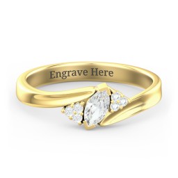 Twisted Marquise Ring with Shoulder Accents in 18K Gold Plated Silver with Cubic Zirconia and White Premium Zirconia