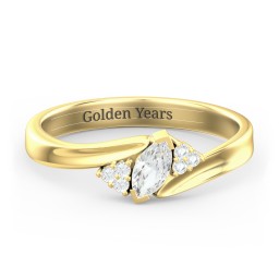 Twisted Marquise Ring with Shoulder Accents in 18K Gold Plated Silver with Cubic Zirconia and White Premium Zirconia