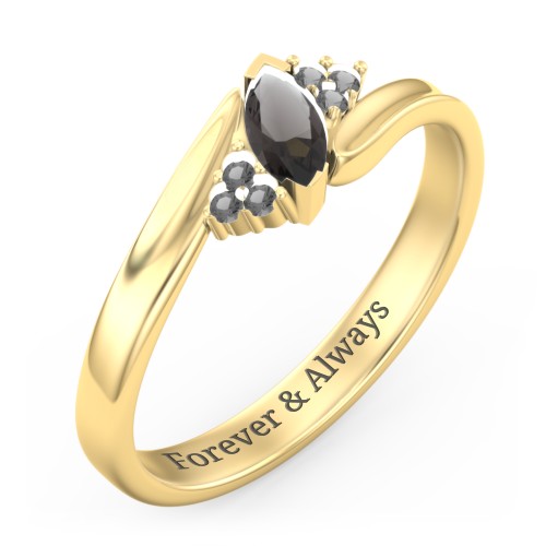 Twisted Marquise Ring with Shoulder Accents – 18K Gold Plated Silver with Smokey Quartz and Black Premium Zirconia