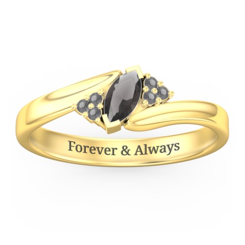 Twisted Marquise Ring with Shoulder Accents – 18K Gold Plated Silver with Smokey Quartz and Black Premium Zirconia
