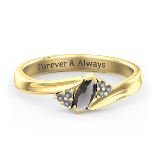Twisted Marquise Ring with Shoulder Accents – 18K Gold Plated Silver with Smokey Quartz and Black Premium Zirconia