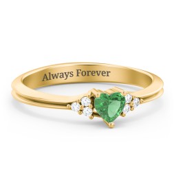 Narrow Heart Ring with Shoulder Accents in 18K Gold Plated Silver with Emerald and Diamond