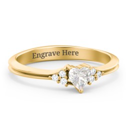 Narrow Heart Ring with Shoulder Accents in 18K Gold Plated Silver with Cubic Zirconia and White Premium Zirconia