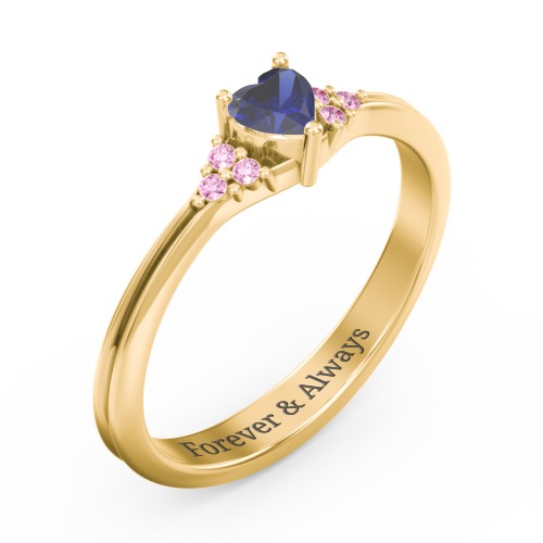 Narrow Heart Ring with Shoulder Accents – 18K Gold Plated Silver with Blue Sapphire and Red Premium Zirconia