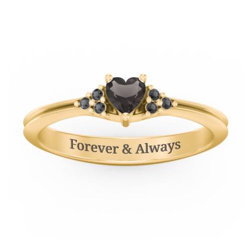 Narrow Heart Ring with Shoulder Accents – 18K Gold Plated Silver with Smokey Quartz and Black Premium Zirconia