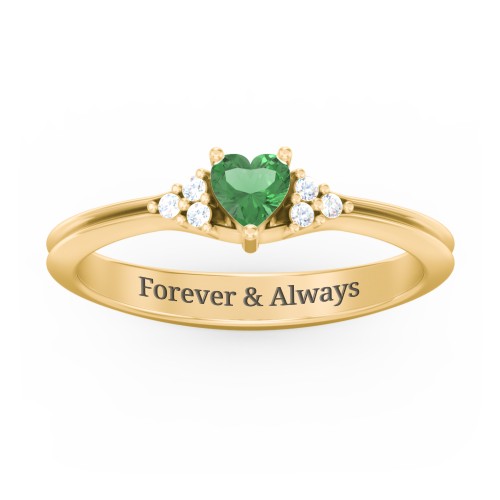 Narrow Heart Ring with Shoulder Accents – 18K Gold Plated Silver with Emerald and Diamond