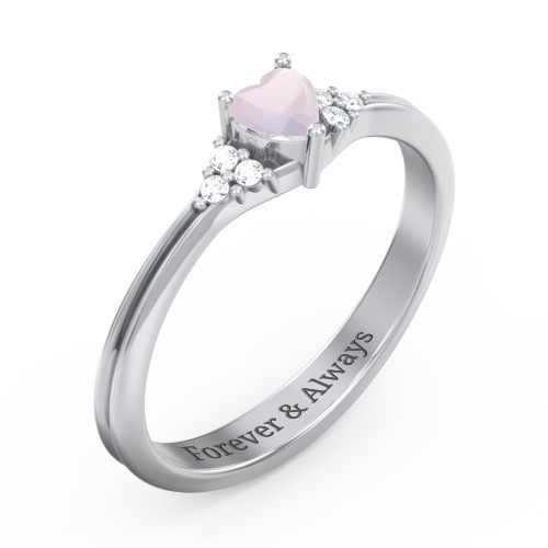 Narrow Heart Ring with Shoulder Accents – Sterling Silver with Opal and White Premium Zirconia