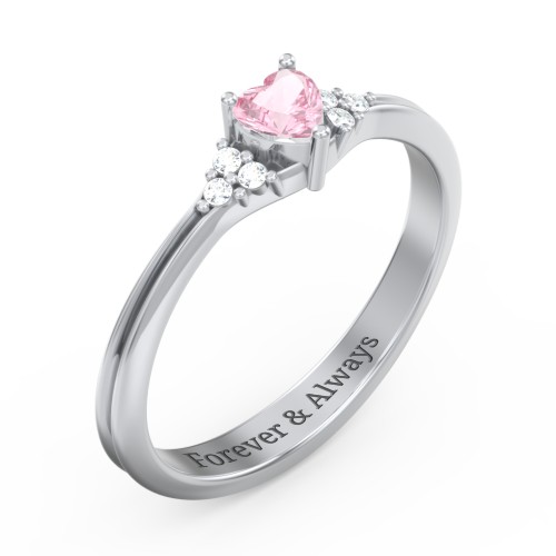 Narrow Heart Ring with Shoulder Accents – Sterling Silver with Pink Tourmaline and White Premium Zirconia