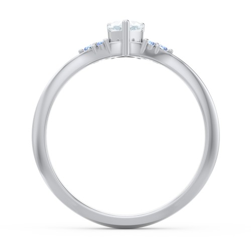 Narrow Heart Ring with Shoulder Accents – Sterling Silver with Aquamarine and Fancy Blue Premium Zirconia