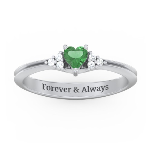 Narrow Heart Ring with Shoulder Accents – Sterling Silver with Emerald and White Premium Zirconia