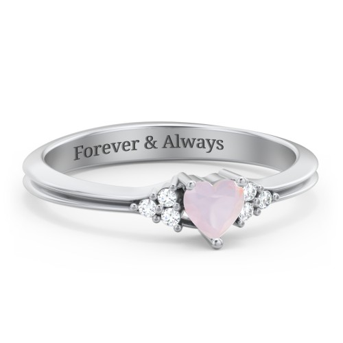 Narrow Heart Ring with Shoulder Accents – Sterling Silver with Opal and White Premium Zirconia