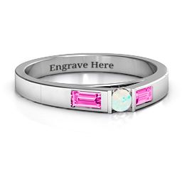 Solitaire Bridge Ring with Baguette Accents in 925 Sterling Silver with Opal and Pink Tourmaline