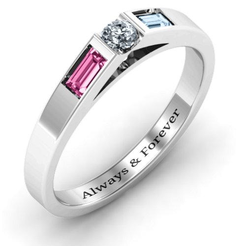 Solitaire Bridge Ring with Baguette Accents – Sterling Silver with Cubic Zirconia, Pink Tourmaline, and Aquamarine