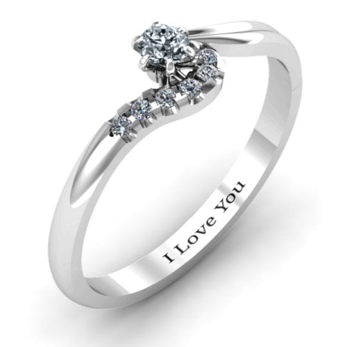 Solitaire Wave Ring with Stone Accents – Sterling Silver with Diamond and Cubic Zirconia