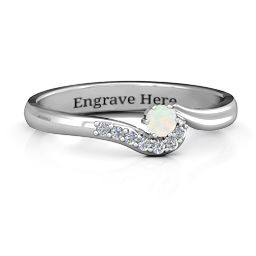 Solitaire Wave Ring with Stone Accents in 925 Sterling Silver with Opal and Cubic Zirconia