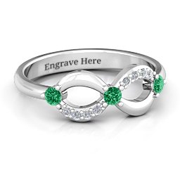 Three Stone Infinity Ring with Accents in 925 Sterling Silver with Emerald