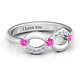 Three Stone Infinity Ring with Accents in 925 Sterling Silver with Pink Tourmaline