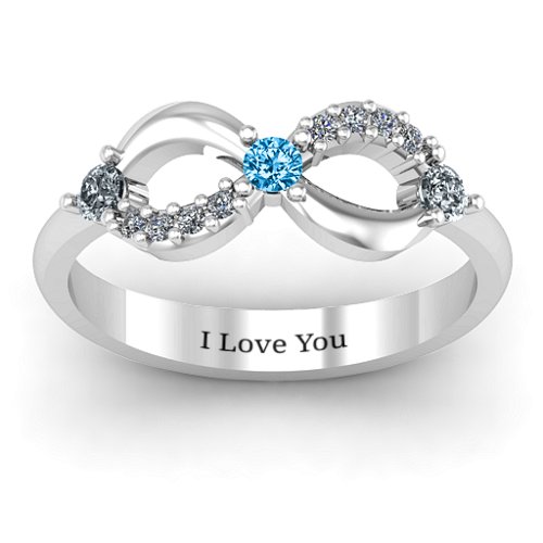 Three Stone Infinity Ring with Accents – Sterling Silver with Cubic Zirconia and Blue Topaz