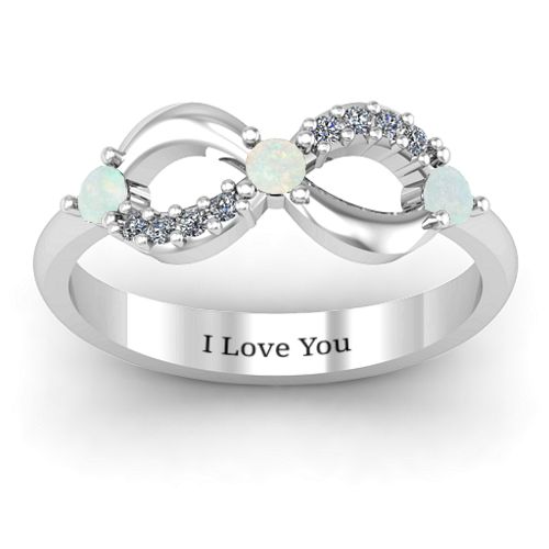 Three Stone Infinity Ring with Accents – Sterling Silver with Opal and Cubic Zirconia