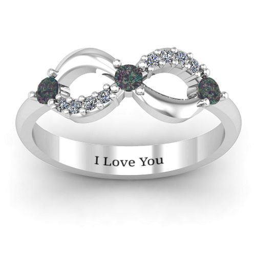 Three Stone Infinity Ring with Accents – Sterling Silver with Alexandrite and Cubic Zirconia