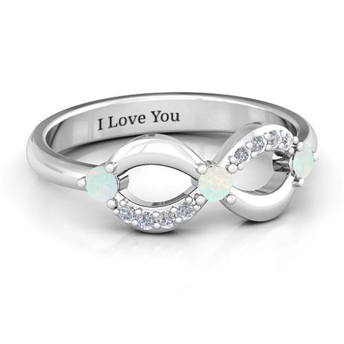 Three Stone Infinity Ring with Accents – Sterling Silver with Opal and Cubic Zirconia