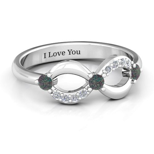 Three Stone Infinity Ring with Accents – Sterling Silver with Alexandrite and Cubic Zirconia