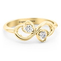 Pair of Hearts Infinity Ring with Gemstones in 9K Solid Yellow Gold with Cubic Zirconia